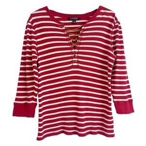 Lauren Ralph Lauren Red Striped Thermal Waffle Top Leather Lace-Up Women’s Sz L